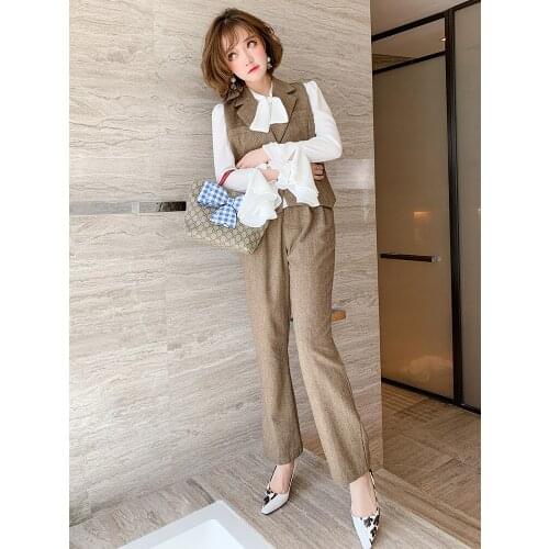 Bowknot flared sleeve shirt + suit vest + straight pants three-piece suit womens 2020 autumn and winter new