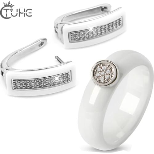 Cubic Zircon Ceramic U Shape Earrings 6mm Rings Women Jewelry Black White Pink Color Wedding Jewelry Set Bridal Costume Jewelry