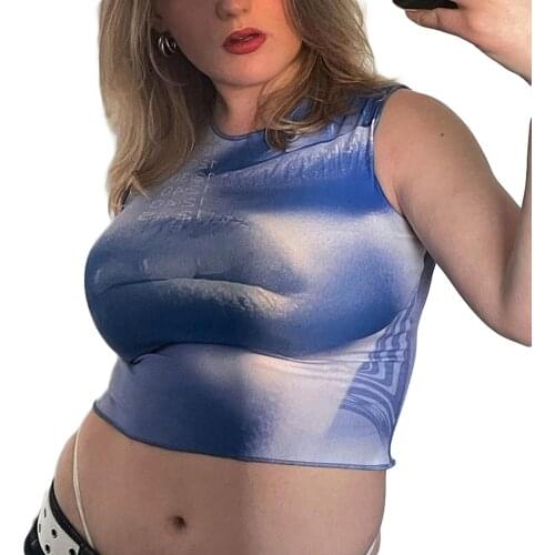 Women Blue Tie-Dye Print Tank Top 2021 Fashion Sexy Sleeveless Crew Neck Slim Fit Crop Top Holiday Casual Camis Tops Streetwear