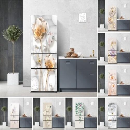 Tulips Pearl 3D Printing Refrigerator Door Self-Adhesive Sticker Waterproof Modern Kitchen Decoration Wallpaper PVC Fridge Decal