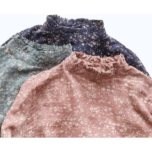 100% Cotton Floral Women Blouse Ruffles Neck Long-Sleeved Loose Vintage Lady Elegant Pulls Tops