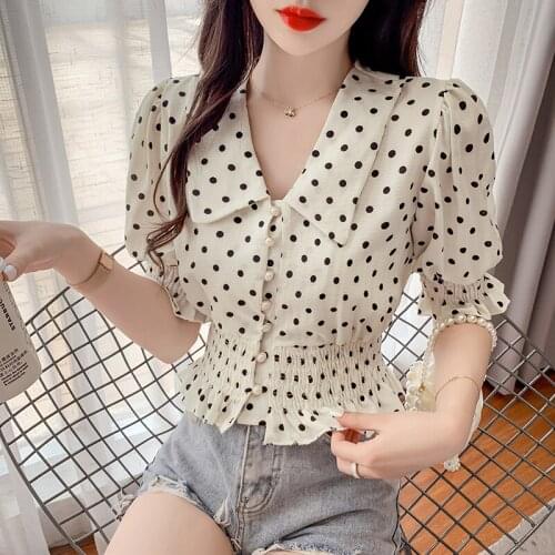 New Pearl Buckle Polka Dot Short Sleeve High Waist Shirt Top Women Single Breasted Blouse Girls Flare Sleeve Tops Shirts Casual