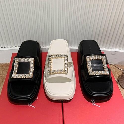 Womens shoes 2021 new rhinestone square buckle slippers for womens outer wear summer fashion beach lazy thick-soled sandals