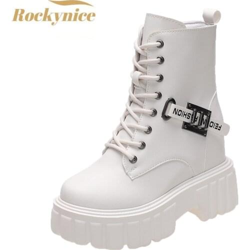 Womens Autumn Ankle Boots Leather Chunky Sneakers New 2021 Platform Short Boots 10cm Heel Thick Bottom Winter Motorcycle Boots