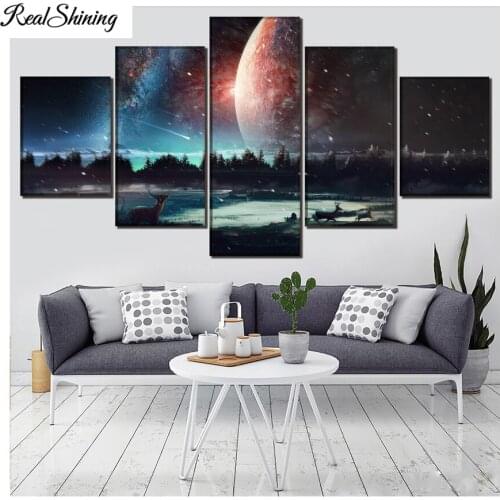 5 Panel Starry Sky Mountain Lake,embroidery diamond mosaic,5d diy diamond painting full square round drill cross stitch,wall art