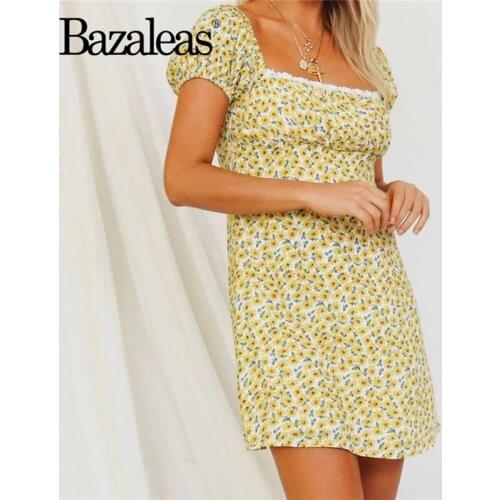 Bazaleas Chic Retro Short Sleeve women Dresses Sunflower Print Holiday Dress women Vintage Lace Patchwork vestido