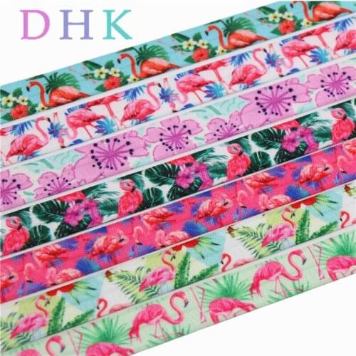 DHK 5/8'' 5yards flamingo flower leaf printed Fold Elastic FOE stretch ribbon hairbow headwear Wholesale C1504