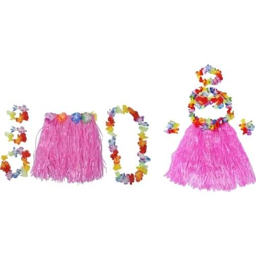 Hot kf-2 Set Grass Skirt: 1 Set 6 Pcs Hawaiian Grass Skirt Flower Hula Lei Wristband Garland Fancy Dress Costume & 1 Set Pink Ch