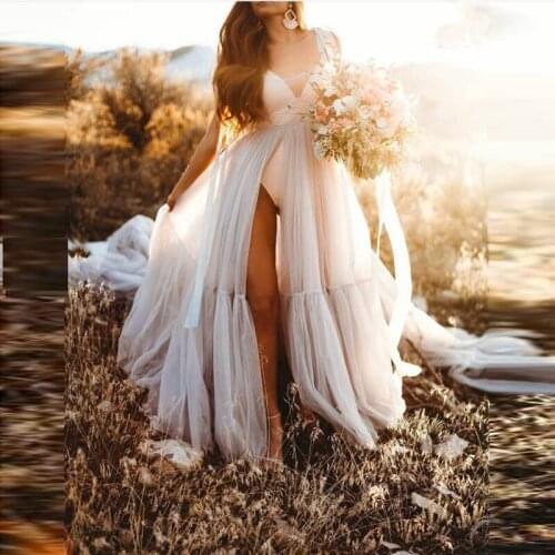 Fashion See Through Tulle Dress For Women Long Prom Party Dresses Sexy High Slit Long Train Photo shoot Dress NO Bodysuit