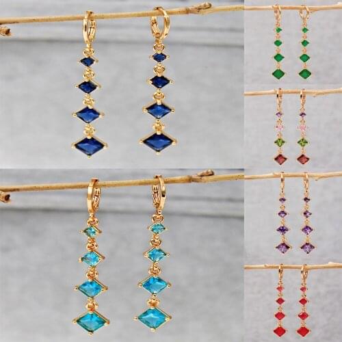 Trendy Gold Copper Dangle Drop Earrings Red Purple Square Zirconia Stone For Women Girls Fashion Jewelry Accessories Wedding Gif