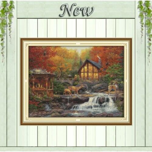 Deer drinking near the stream scenery painting counted print on canvas DMC 14CT 11CT Cross Stitch Needlework Set Embroidery kits