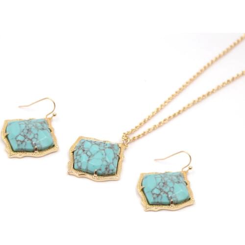 2020 New Gold Tone Rhombus Polygon Quadrilateral Marble Faceted Stone Big Statement Necklace Pendants for Women