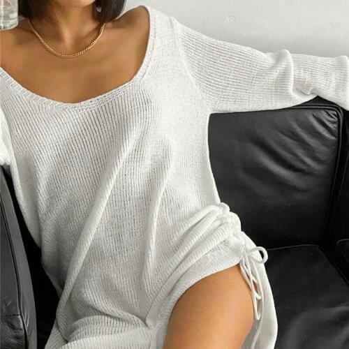 Sweater Dress Womens Autumn Simple Pure Color U-neck Long-sleeved Open Back Knitted Drawstring Hem Womens Bodycon Dress