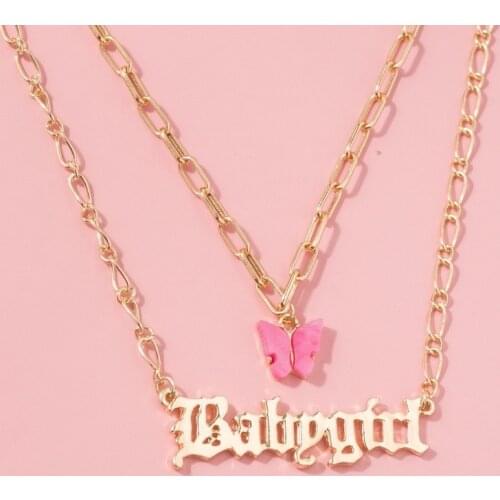 European and American Hot Style Fashion All-match Item Double-layer Dark Pink Butterfly Babygirl Letter Necklace Clavicle Chain