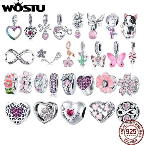 WOSTU Authentic 925 Sterling Silver Pink Flowers Beads Charms Pendant Fit Bracelets Women Party DIY Fine Jewelry Gift Making