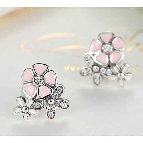 Silver Color Poetic Daisy Cherry Blossom Drop Earrings Mixed & Clear CZ Pink Flower Brand Earrings Women Engagement Jewelry
