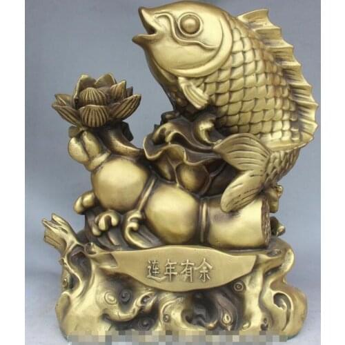 14" Fine China Pure Bronze Lucky Fish Fishes Barracuda Lotus Flower Seed Statue
