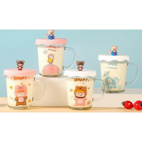 Glass Convenient Cute Cartoon Pattern Water Cup Adorable Drink Cup with Lid for Students