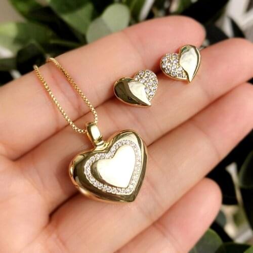 Unique design Gold Color Heart Jewelry Sets Open & Close Pendant Necklace Small exquisite Heart Stud Earring Women party Jewelry