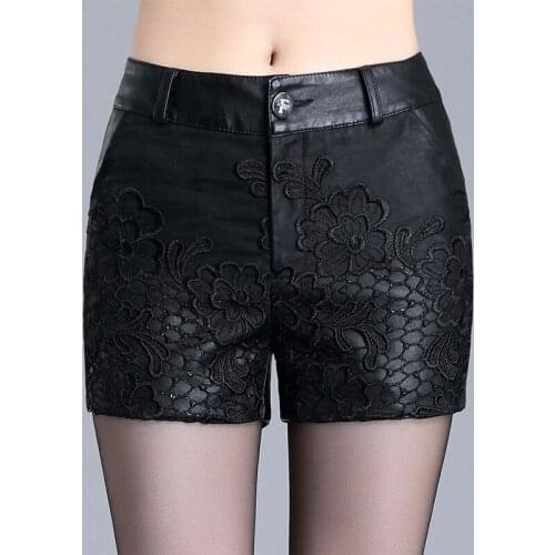 2020 Spring Fall Casual Womens Female Pu Leather Patchwork Embroidery Lace Black Shorts , Woman 3xl 4xl Korean Style Shorts