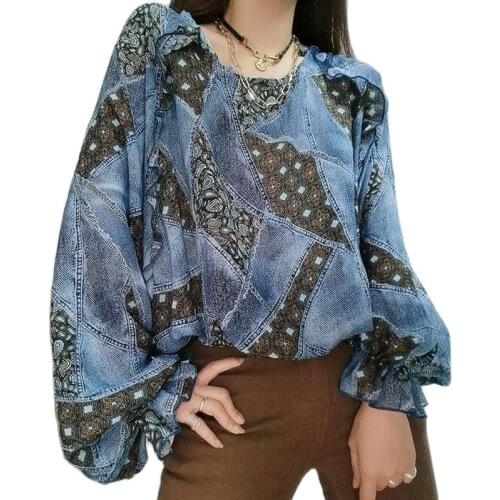 New Lantern Sleeve Elegant Shirt Blue Sexy Button Vintage Blouse Turn Down O-Neck Office Ladies Shirt Female Casua