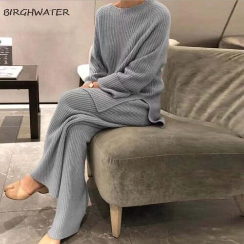 Women Warm Knitted Long Sleeve Tops Wide Leg Pants Set Casual Loose 2PCS Lady O-Neck Sleepwear Suits Clasic Winter Femme Outfits