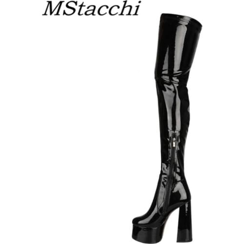 Mstacchi Women Thigh High Boots Glisten Patent Leather High Platform Boots Sexy Solid Color High Heels Shoes Womens High Boots