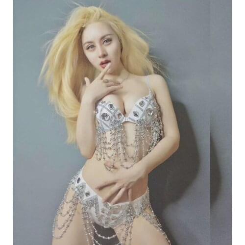 Women White Sexy Rhinestone Pearls Tassels Bikini Suit Women Fashion Pool Party Classical Clothing Female Beach Style Dance Wear