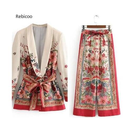 Womens Trouser Suit Cross V-Neck Long Sleeve V Neck Kimono Jackets+Printed Wide Leg Trousers Two Piece Set Suits Autumn Wear