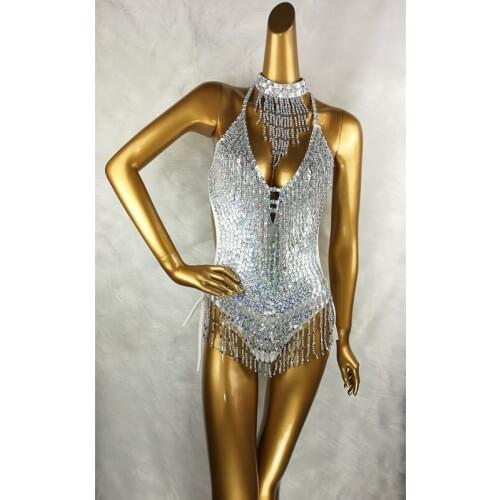 Sexy Women beading Bodysuit Sequin Swimsuit latin Belly Dance Costume Dancer One-Piece Outfit Costume Stage Performance silver