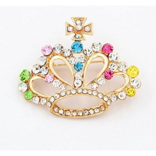 Gold Tone Alloy Multicolor Crystals Classic Crown Cross Brooch Exquisite Bling Bling Diamante Rhinestone Lady Brooch Pins