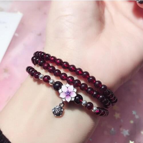 100% Real 925 Sterling Silver Scalable Three Layers Strand Bracelets Natural Garnet with Kapok Delicate Floret Exquisite Jewelry
