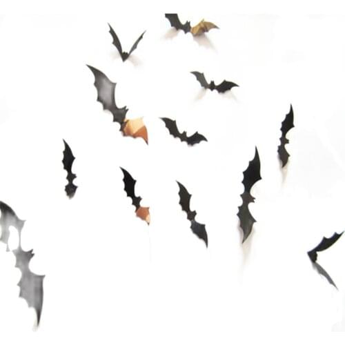 12pcs of 4 Different Size Fake Bats Halloween Decor Black Hanging PVC Bat