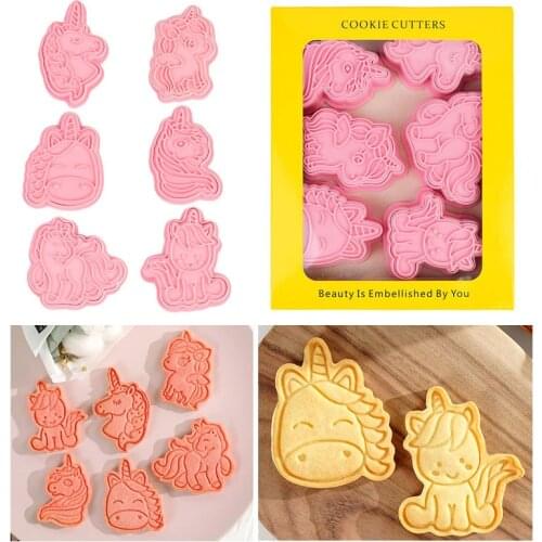 6Pcs Unicorn Shape Cookie Mold Sets 3D Cute Unicorn Pressing Biscuit Mould For Birthday Party Pastry Cookie Cutters Baking Tools