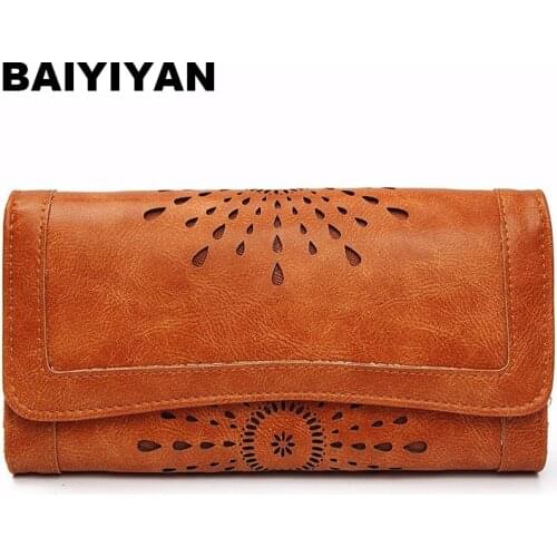 Hollow Out Pattern Retro Wallet Female Purse PU Leather Bag Women wallets and purses Vintage Long Wallets