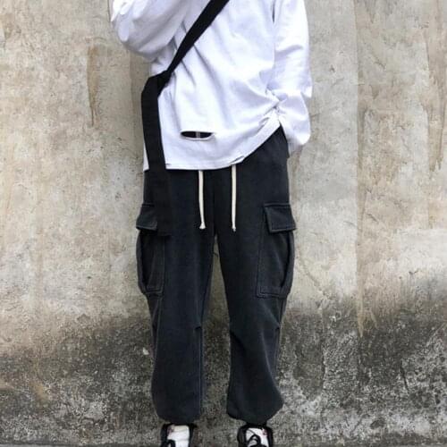 High Quality Fashion Mens Cargo Pants Solid Color Sweatpants Drawstring Pockets Ankle Tied Long Pants Casual Elastic Trousers