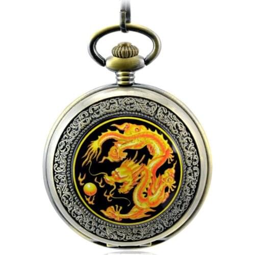 Antique Skeleton Mechanical Hand Wind Flip Double Display Pocket & Fob Watches Black Mens Watches Dragon Totem Pendant Gift