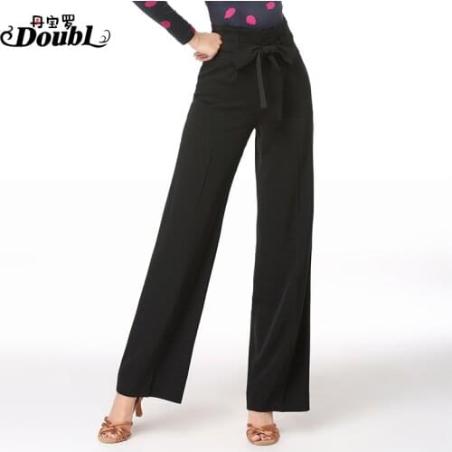 Black High Waist Latin Dance Pants Female Dancers Trousers Ballroom Dancing Clothes Modern Wide Leg Bowknot Long Pants H668