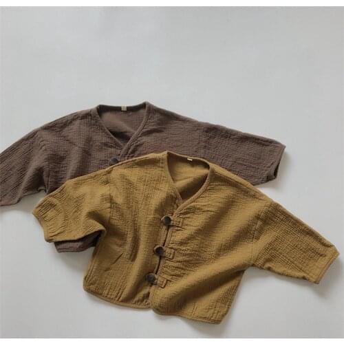 Spring Autumn Children Cotton Linen V-Neck Jackets Korean style Boys Girls Loose Retro Button Cardigans Coats For Kids