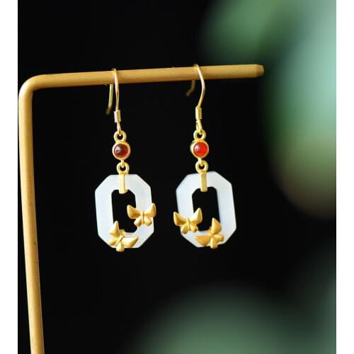Natural Hetian Jade White Jade Butterfly Earrings S925 Sterling Silver Square Geometric Earrings Ornament for Women