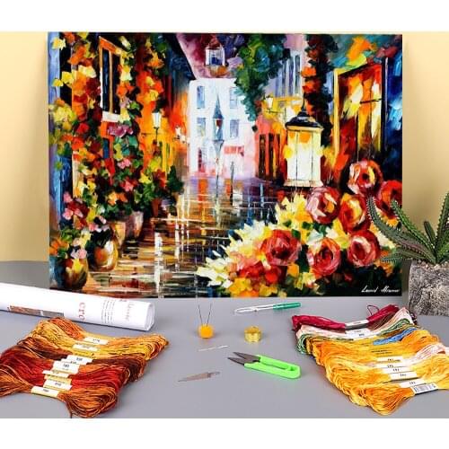 Street Flowers Printed Water-Soluble Canvas 11CT Cross Stitch Complete Kit Embroidery DMC Threads Painting Sewing Sales