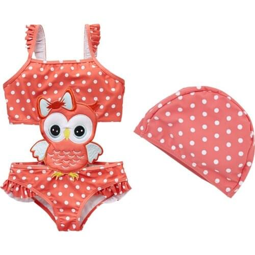 Kavkas Swimming For Baby Girls Summer Cartoon Owl Embroidery One Piece Swimsuit Bathing Cap Suit maillot de bain enfant