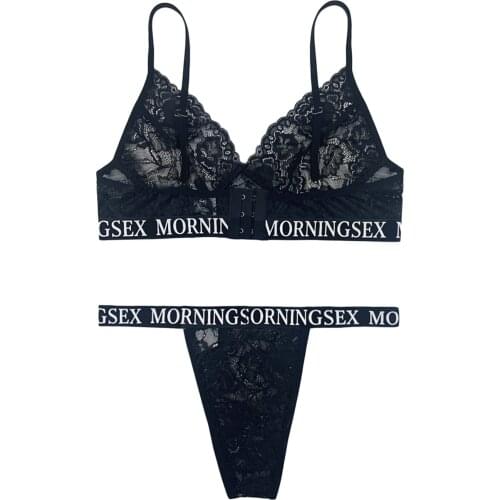 Women Sexy Two-piece Lingerie Set Black Deep V-neck Underwear and Low Waist Panties S/ M/ L/ XL