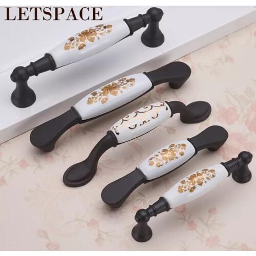 96mm Kitchen cabinet Gold flower handle Ceramic drawer pull knobs Antique brass dresser Cupboard wardrobe furniture door handles