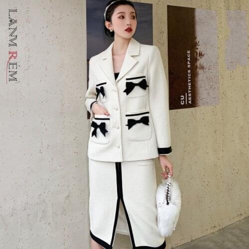 LANMREM Womens 2021 autumn winter Two Piece Suit Bow Wool Coat Single Breasted A-line Split Skirt Korean Japan Style 2A3316