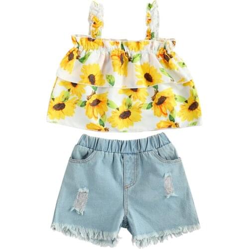 Summer Kids Baby Girl Clothes Outfits Floral Sleeveless Vest Tops+Holes Denim Shorts Casual Girl 2 Pieces Set 2-7Years