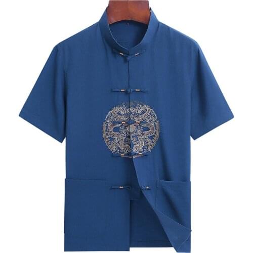 Shanghai Story Shanghai Story Linen Short Sleeve Dragon Phoenix Embroidery Chinese Traditional Tai Chi Clothing Kung Fu Shirt