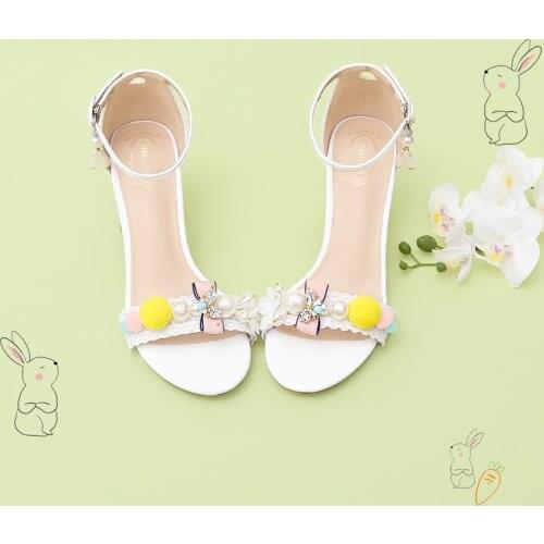 Cute girl size thick heel sandals with hairy ball rabbit open toe student fairy shoes new summer