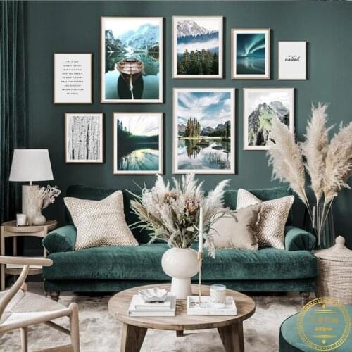 Landscape Poster and Prints Wall Art Canvas Painting Home Decor Nordic Mountain Lake Scenery Picture for Dormitory Blue Design