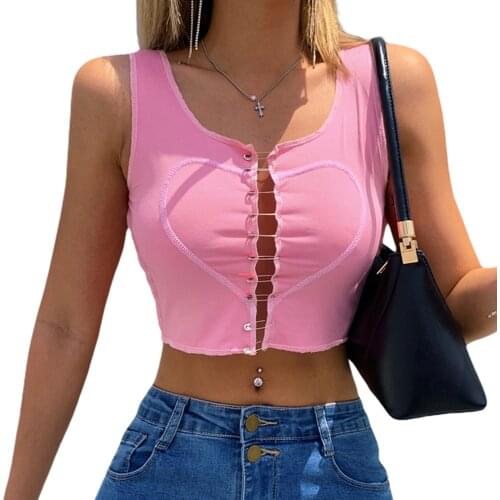 Sexy Womens Solid Color Crop Tanks Tops Sleeveless Front Heart Pattern Safety Pin Connect Hollowed Short Clothes Camisole